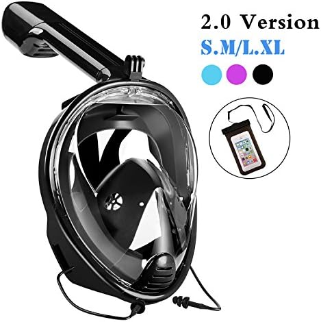 YouVogue 180°Panoramic Full Face Snorkel Mask -Larger Viewing Area Free Breath Technology with Anti-fog and Anti-leak Snorkeling Design for Adults,Youth ,Kids,Men, Women (Black, Large)
