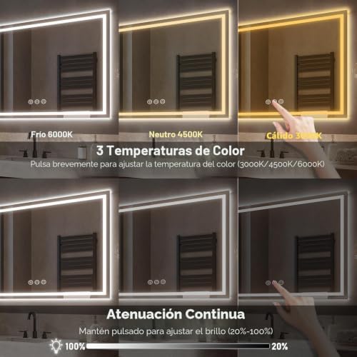 Espelho de casa de banho com luz 70x100cm, espelhos de casa de banho com LED com antiembaça, regulável, 3 cores de luz, função de memória