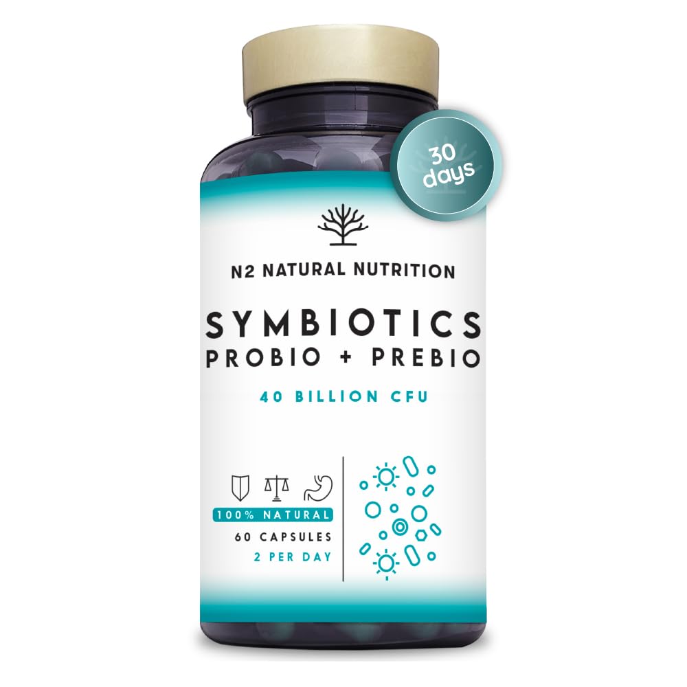 Probiotics and Prebiotics Supplement 40 Billion CFU. 6 Probiotic Strains, 60 Vegan Chlorophyll Capsules. N2 Natural Nutrition