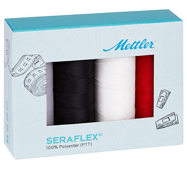 Amann Seraflex Elastic Sewing Thread - Set 4 x 130 m - White, Black, Red, Grey - Stretch Fabric Thread - High Elasticity 65% - Sewing Machine - Oeko-Tex