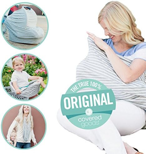 4-in-1 Breastfeeding and Car Seat Cover, Nursing Scarf (Grey and Ivory Pinstripe)