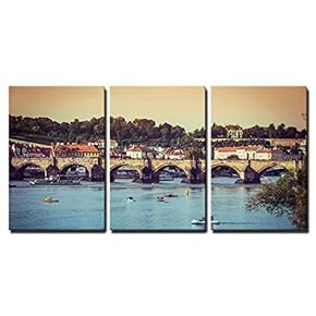 3 Piece Canvas Wall Art - Beautiful View of The Charles Bridge and Other Sights in Prague, Czech Republic - Modern Home Art Stretched and Framed Ready to Hang - 16"x24"x3 Panels