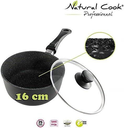 Natural Cook professionnel - Sauce Pan In Nonstick Stonelike Granitelike and Ceramic Coating Cookware With Detachable Handles and Glass Cover - Suitable For All Cookers, Even Induction Cookers 6"
