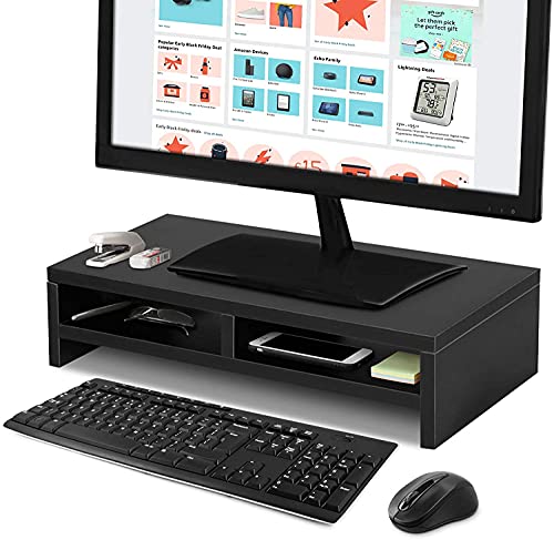 Wakects Monitor-Schreibtischständer, Monitorständer aus Holz, 2 Ebenen, Erhöhung aus Holz für Monitor Laptop Computer PC mit Organizer, Schwarz, 50 x 20 x 11,7 cm