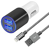 iPhone Car Charger, IWAVION 4.8A/24W Dual Smart USB Port Car Charger with 3FT Nylon Braided Lightning Cable Cord For Apple iPhone 7/7 Plus/6/6S Plus 5S 5 5C SE, iPad Air/Pro/Mini, iPod(Black/Grey)
