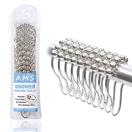 AMS Shower Curtain Hooks Rings - 100% Stainless Steel - Decorative with Polished Metal Frame,Set of 12 Rings (Nickel)