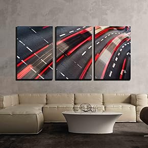 3 Piece Canvas Wall Art - Motion Blurred City Road Traffic (Color Toned Image) - Modern Home Art Stretched and Framed Ready to Hang - 16"x24"x3 Panels