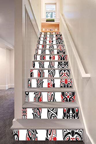 anselc05ls Primitive 3D Stair Riser Stickers Removable Wall Murals Stickers,Haida Motifs in Vertical Borders with Abstract Tribal Animal Figures,for Home Decor 39.3"x7"x13PCS,Black Vermilion White