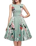 Women's Floral Retro Cotton A-line BoatNeck Sleeveless Hepburn 50s Cocktail Swing Dress with Belt