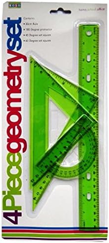 4 Piece Large Geometry Set - 30cm Punched Ruler, 180' Protractor, 45' &amp; 60' Set Square