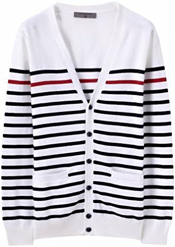 Men Sweaters Striped Long Sleeves V-neck Cardigan Button Pure Cotton Sweaters Rib Hommer Brand Clothing Camisas 01White M