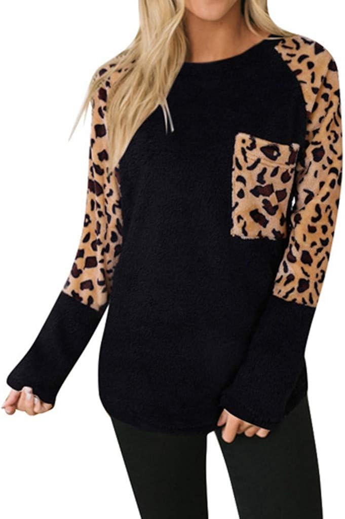 MINGGER Ladies Jumpers Round Neck Plush Leopard Print Women Long Sleeve Sweater Fashion Warm Top 