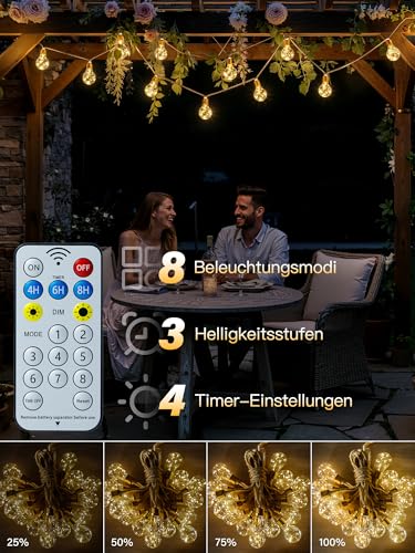 Ollny Solar String Lights Outdoor, 24 Bulbs 12M Weatherproof String Lights, 8 Modes, Timer, Dimmable, USB for Garden Balcony Patio Wedding Party Vintage