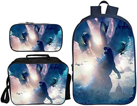 Backpack Kids Godzilla 3 Piece Set Children's School Lunch Bag + Pencil Case C