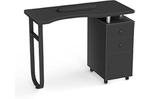 DeerDean Manicure Table Nail Station Acetone Resistant Nail Desk with Drawers Nail Table for Nail Tech with Wrist Cushion, 4 Lockable Wheels Beauty Spa Salon (Black)