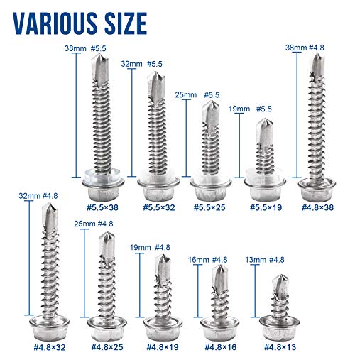NINDEJIN M4.8 M5.5 Self Drilling Screws Assortment Kit Hex Washer Head Screws & Hex Socket Spanner, 410 Stainless Steel, 286pcs