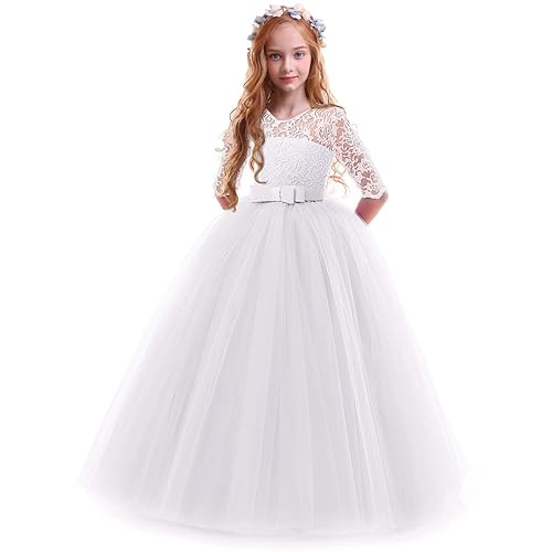 Flower Girl Long Princess Dress Vintage Lace Maxi Gown Kids Formal
