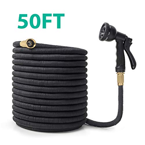 OWSOO 50 FT Expandable Garden Hose, Leakproof Water Hose with 8 Functions Sprayer, 3/4" Solid Brass Fittings, Double Latex Core, Extra Strength Fabric, No-Kink Lightweight Garden Hose for Watering