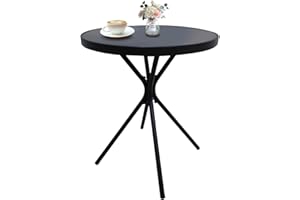 Decksplore Small Outdoor Patio Side Table, Metal Bistro Table Round with Tempered Glass Tabletop, Compact Coffee Desk, Weather Resistant Portable End Table, Black, 23 inch