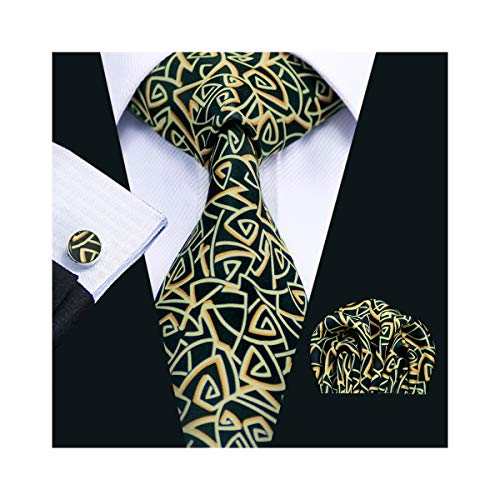 Green Tie Black Silk Woven Necktie Handkerchief Pocket Square Set Art Design Prom