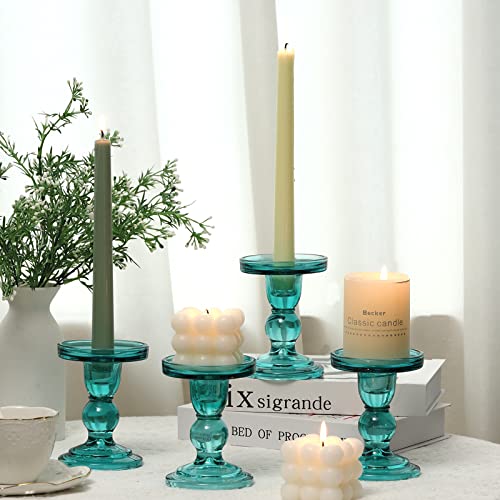 Set of 4 Glass Candle Holder Set Clear, Green Candlesticks Holders Pillar Taper Candles Tealight Stand for Wedding Centerpieces Home Decorations Dining Table