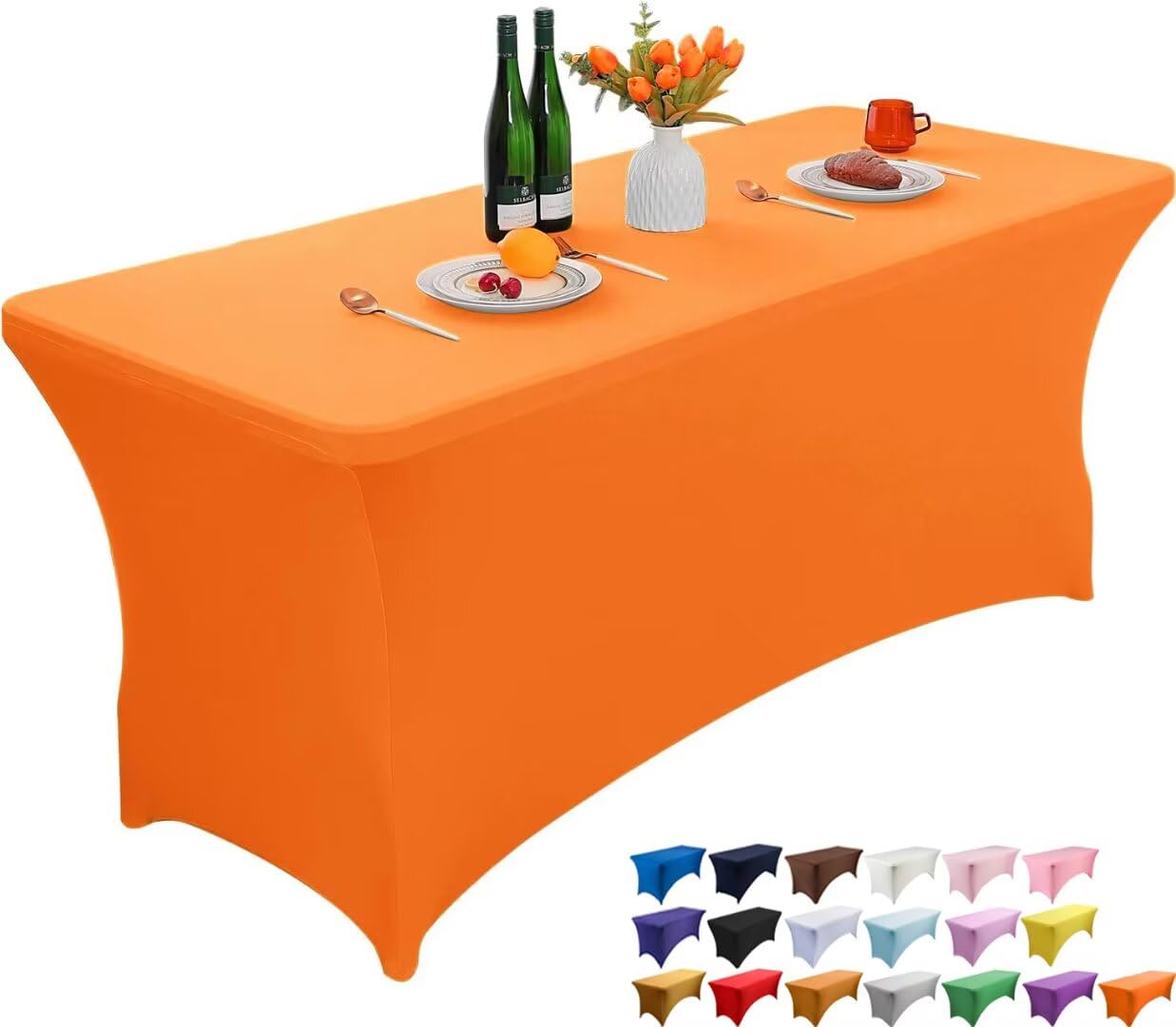 Wolfway 8FT Orange Stretch Spandex Table Cover Washable and Wrinkle Resistant Kitchen Spandex Tablecloth Fitted Rectangular Table for Party,Banquet,Weddings,Cocktail and Festival