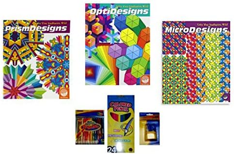Mindware PrismDesigns/OptiDesigns/MicroDesigns Adult Coloring Book/Twist Crayons/Colored Pencils 6-pc Bundle