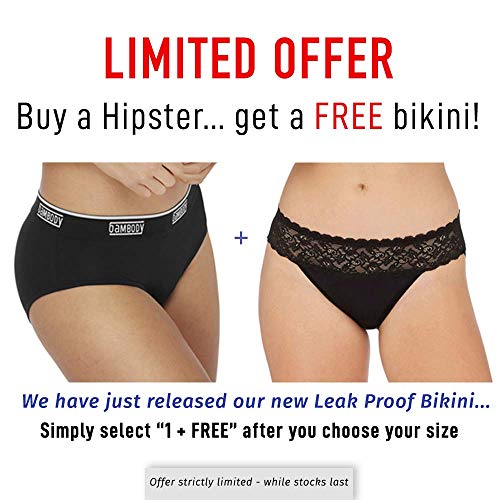 Bambody Period Panties: Hipster for Tweens & Women | Leakproof Briefs for Light-Medium Discharge | Menstrual Underwear (X-Large, 1 x Black + Free)