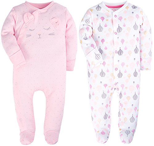 ShengHai Baby Girl Cute 2 Pack Pajamas Baby Pink Cat Printing Footed Sleeper Long Sleeve Cotton Romper With Mi