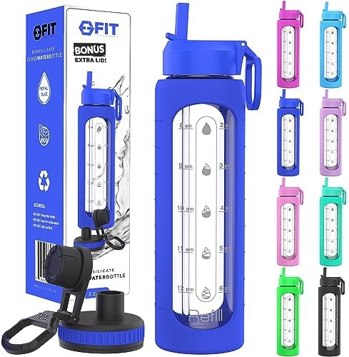 32 oz Glass Water Bottle with Straw Lid, Time Marker, Sleeve & Extra Lid -  Motivational, Wide Mouth, Large BPA-Free 1 Liter Glass Water Bottle, Glass  Drinking Bottle, Waterbottle (Royal Blue Sleeve)