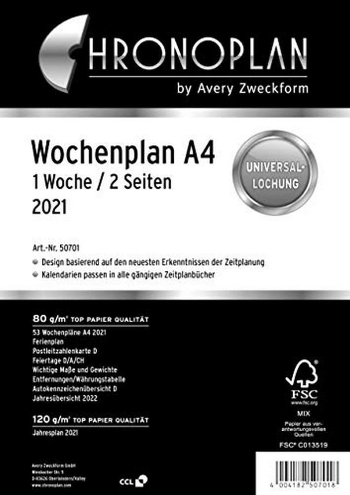 Chronoplan 50701 Calendar Insert, 2021, Weekly Planner A4 in Columns (210 x 297 mm), Calendar, Ideal for Detailed Weekly Planning, 4 Holes (1 Week on 2 Pages) White