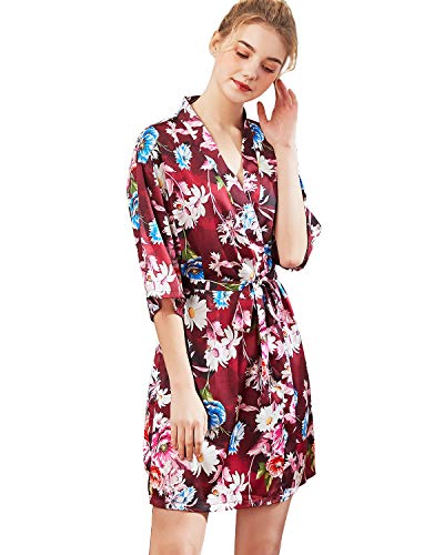 Shymay Women's Kimono Robe Satin Short Sleeve Silk Bridesmaid Wedding Party Nightgown Sleepwear,Red1,TagsizeM=USsizeXS - Thumbnail 3