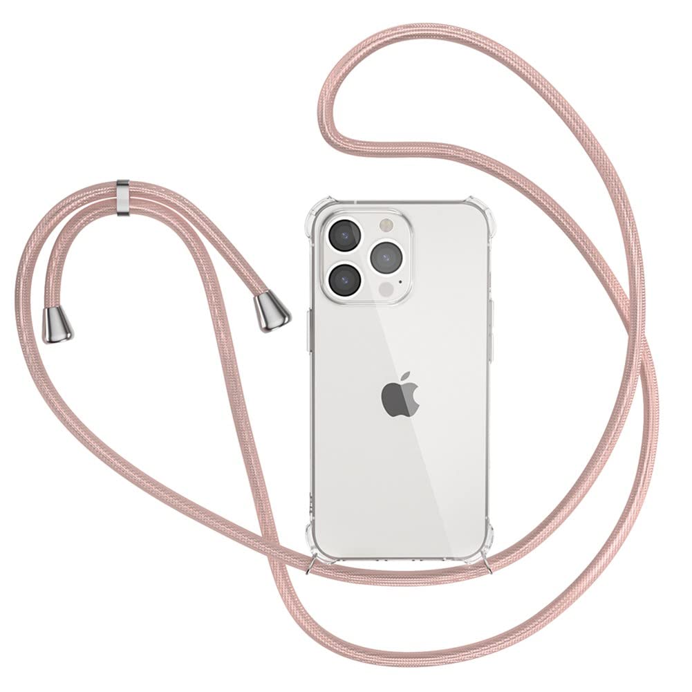 XTCASE iPhone 13 Pro Case with Strap, Transparent Silicone Mobile Phone Case with Chain, Shockproof Protective Case, Cord for Hanging in Rose Gold