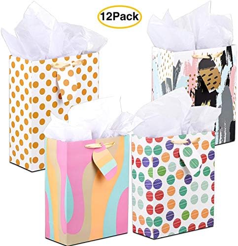 Christmas Gift Bags Bulk with Tissue Paper and Handles, WantGor 12 Pack 13x10x4.5 Inch Paper Bags, Shopping Bags, Party Favor Bags with Tags for Wedding/Bridesmaid, Birthday(Style A, Large)