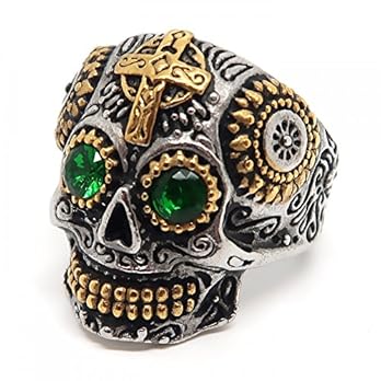 BOBIJOO JEWELRY – Ring Siegelring Mann Totenkopf Biker Maya-Goldenen Kreuz-Stahl-Gold-Silber-Grün