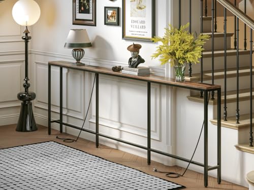 FLORIHOMA 260CM Behind Couch Table with 2 Fast Charging Stations, 18CM Narrow Skinny Sofa Table with 4 Power Outlets, 4 USB-A, 2 USB-C for Console Entryway, Rustic Brown
