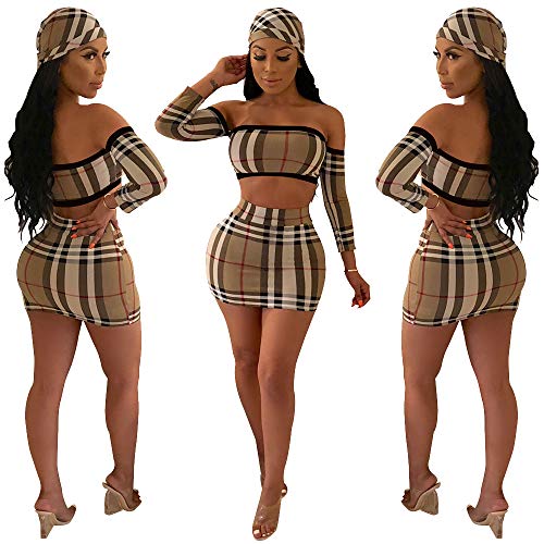 Womens Sexy Stripe Off Shoulder Tops Mini Skirt Jumpsuits with Scarf 3 Piece Outfits