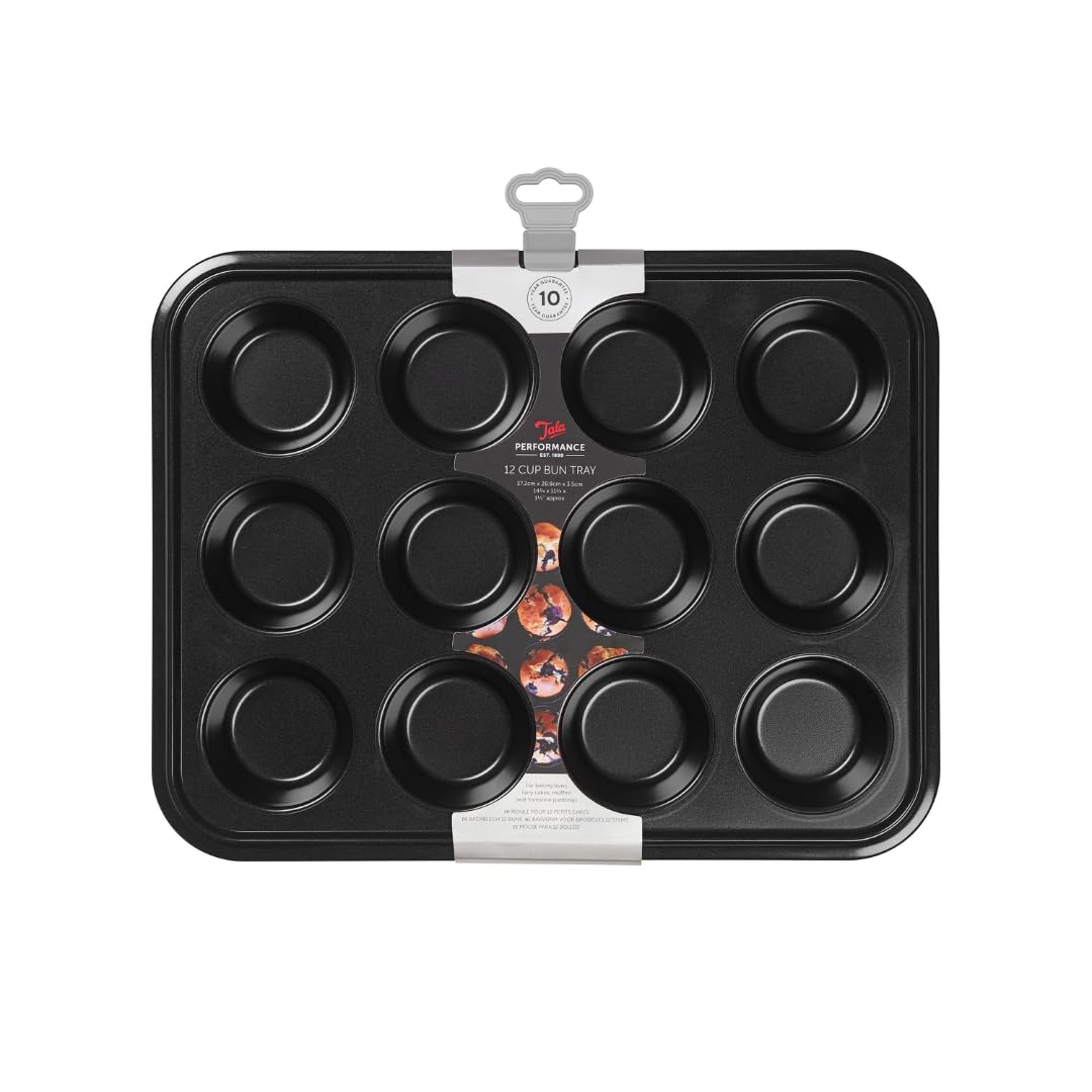 Tala Performance 12 Cup Bun Tin, Carbon Steel with Non-Stick Coating, Oven, Fridge & Freezer Safe, Ideal for Cupcakes, Muffins & Yorkshire Puddings, 35.2x26.8x3.1cm