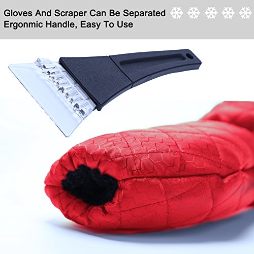 Ice Scraper Mitt For Car Windshield Snow Scrapers with Waterproof Glove Lined of Thick Fleece + Carry Pouch (Red) - Thumbnail 3