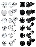 Besteel 12 Pairs Stainless Steel Black White Stud Earrings for Men Women Cool CZ Ear Piercing Earring Jewelry 7mm