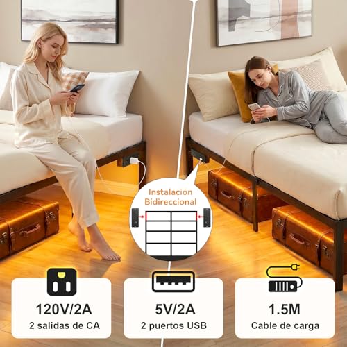 FURRIFIC Base Cama Matrimonial con Lámpara LED RGB Inteligente–2 Puertos USB + 2 Enchufes de CA, Control por App y Remoto, Espacio de Almacenamiento Debajo de la Cama, Marco Resistente