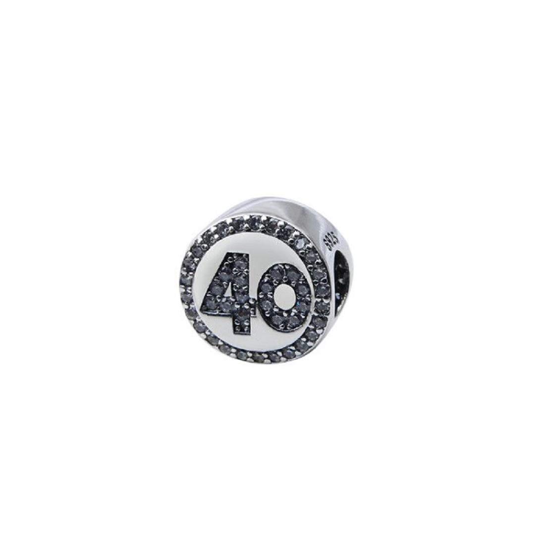 FeatherWish Celebration 40th Happy Birthday 925 Sterling Silver Round Beads Charm With Cubic Zirconia Compatible With Pandora Bracelet Or Necklace (40th)