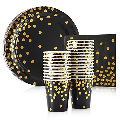 Black and Gold Party Supplies - 24 Pack - 9 Inch Party Paper Plates, Napkins, and 9 Oz Cups,Disposable Gold Dots Set, Wedding, Birthday Party Supplies, Baby Shower, Christmas