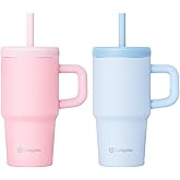 Luxgola Kids 20 oz Tumbler with Handle, Leak-Proof Screw-On Lid with Removable Silicone Straw, Spill Proof, Stainless Steel Insulated Water Bottle, Gift for Boys and Girls, Pink & Sky Blue, 2Pcs