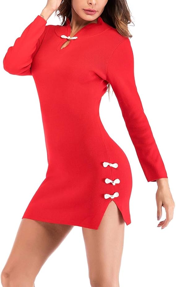 Amazon ビグッド Bigood 優雅 レディース チャイナドレス 長袖 タイトワンピース ミニドレス チュニック パーティー お出かけ デート ワンピース チュニック 通販