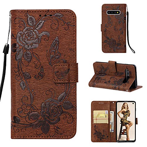 Funyye Wrist Strap Leather Cover for Samsung Galaxy S10,Brown Magnetic Flip Butterfly Embossing Flower Pattern Folio Wallet Case with Stand Credit Card Holder Slots Case for Samsung Galaxy S10