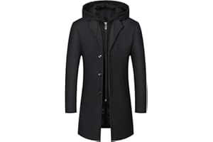 Mens Wool Trench Coat with Removable Hoodie Knee Length Windproof Classic Wool Coat