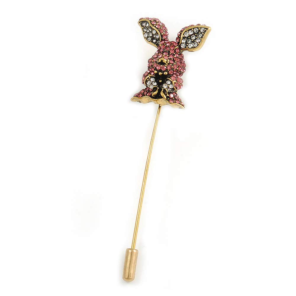 Vintage Gold Tone Clear/Pink Crystal Happy Easter Bunny Lapel, Hat, Suit, Tuxedo, Collar, Scarf, Coat Stick Brooch Pin - 65mm L