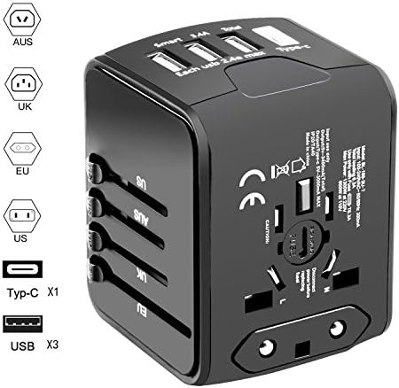 Universal Travel Adapter, Hufuear International Power Adapter with 1 Type C and 3 USB Ports European Adapter for EU, UK, AU,Italy 160+ Countries, All In One Travel Plug Adapter for iPhone, Android