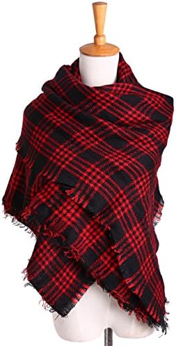 Women's Oversized Plaid Blanket Scarf Checked Warm Tartan Pashmina Wrap Shawl (Red Black)